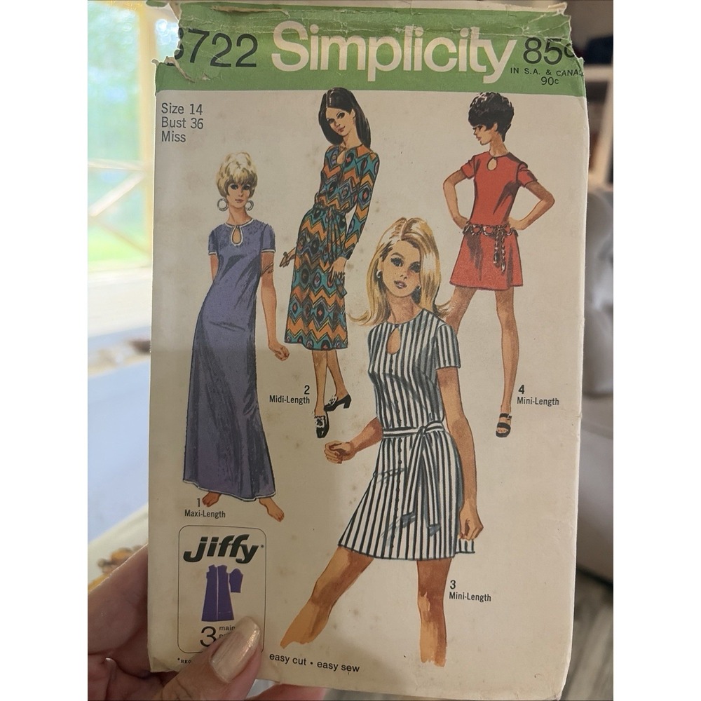 Simplicity 8722 Jiffy Mini Midi Maxi Dress Keyhole Neck 70s Pattern Sz 14 Uncut